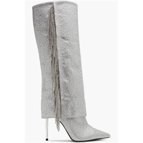 Steve Madden Sanya Silver Rhinestone Fringe Knee High Boot New Size 8 Sparkle - Picture 1 of 12